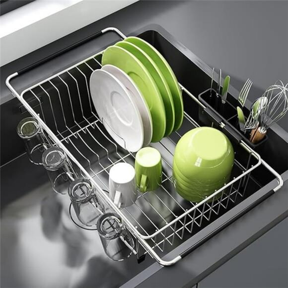 Expandable Over Sink Dish Drying Rack Stainless Steel with Utensil Holder Silver - Picture 7 of 7